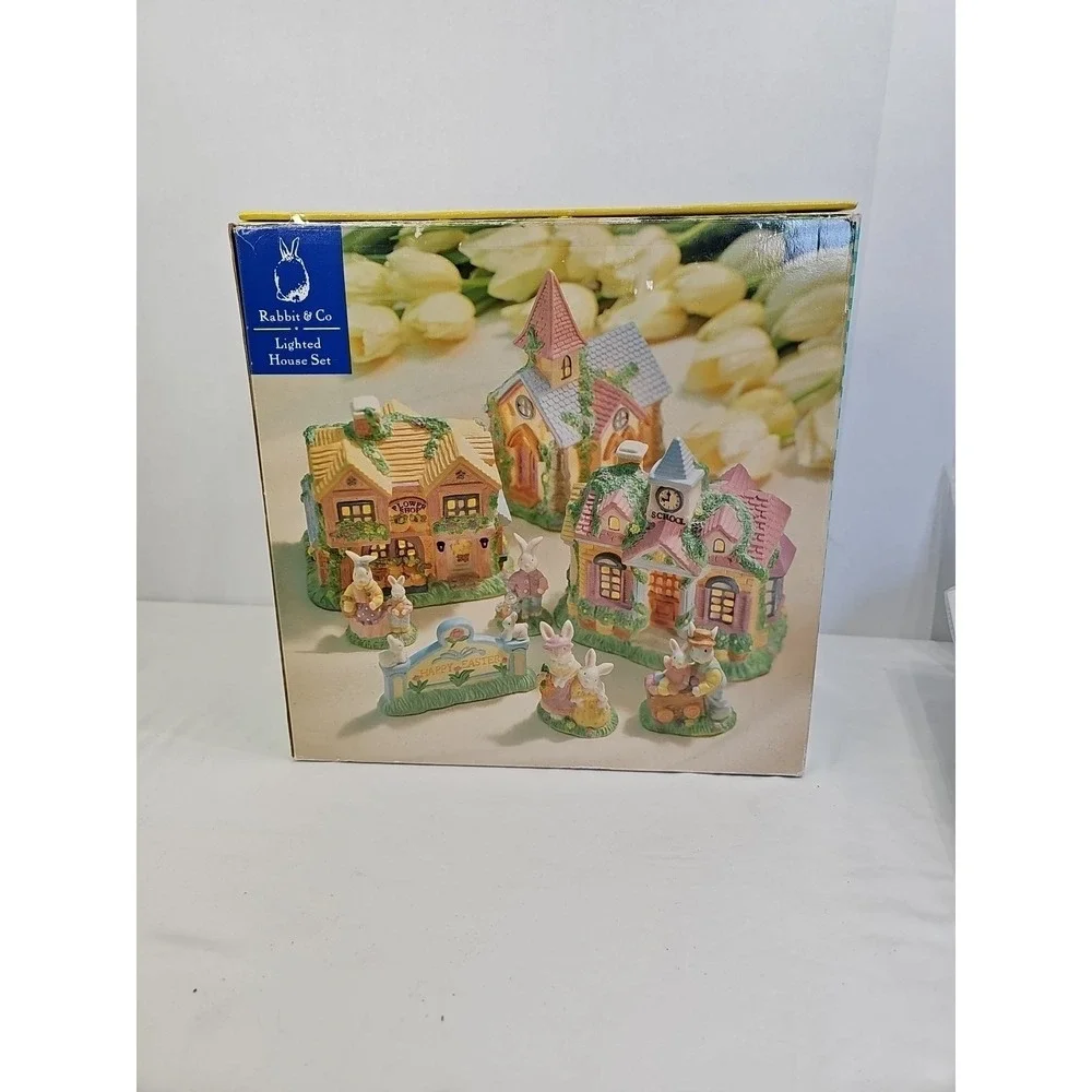 Vintage MERVYN'S EASTER VILLAGE FLOWER SHOP, SCHOOL, LIGHT UP SET, Happy Easter‎